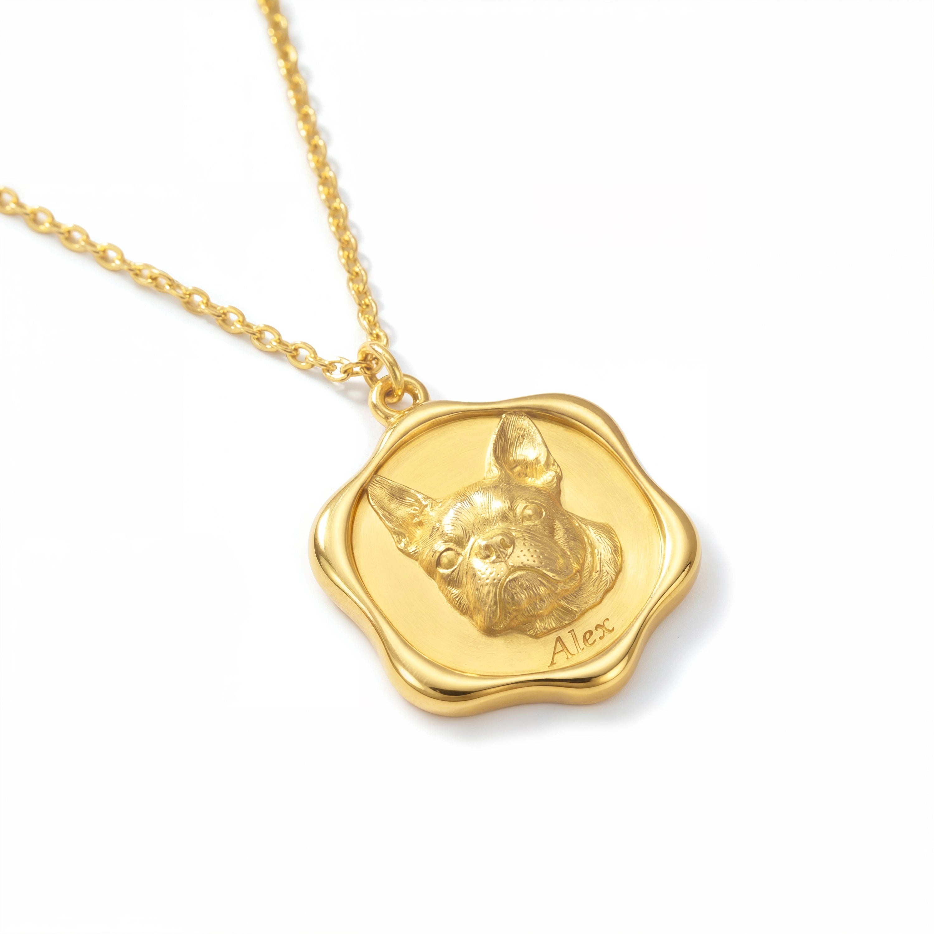 Wide close-up gold dog portrait necklace angle
