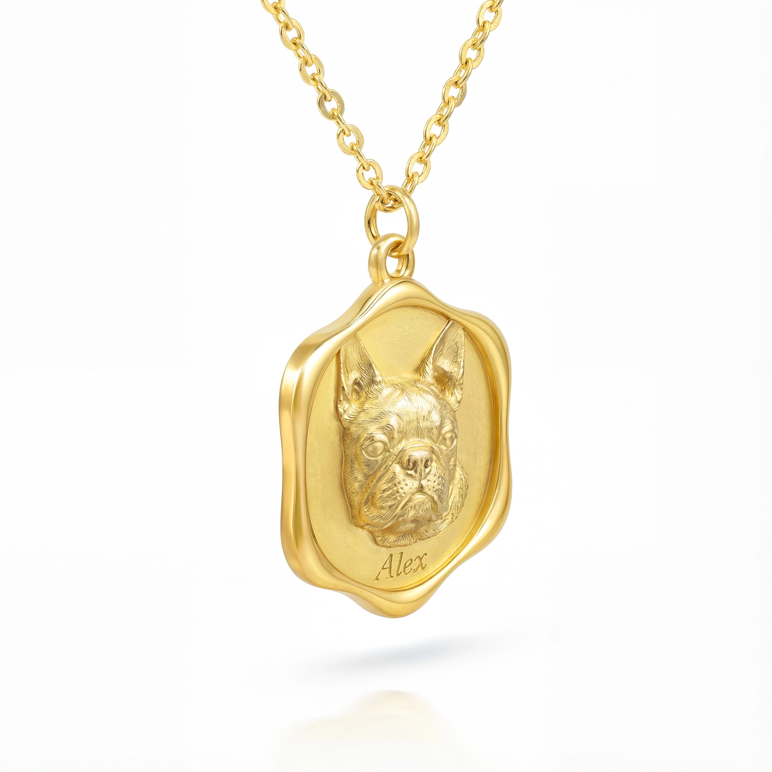 Three-quarter gold dog portrait necklace angle