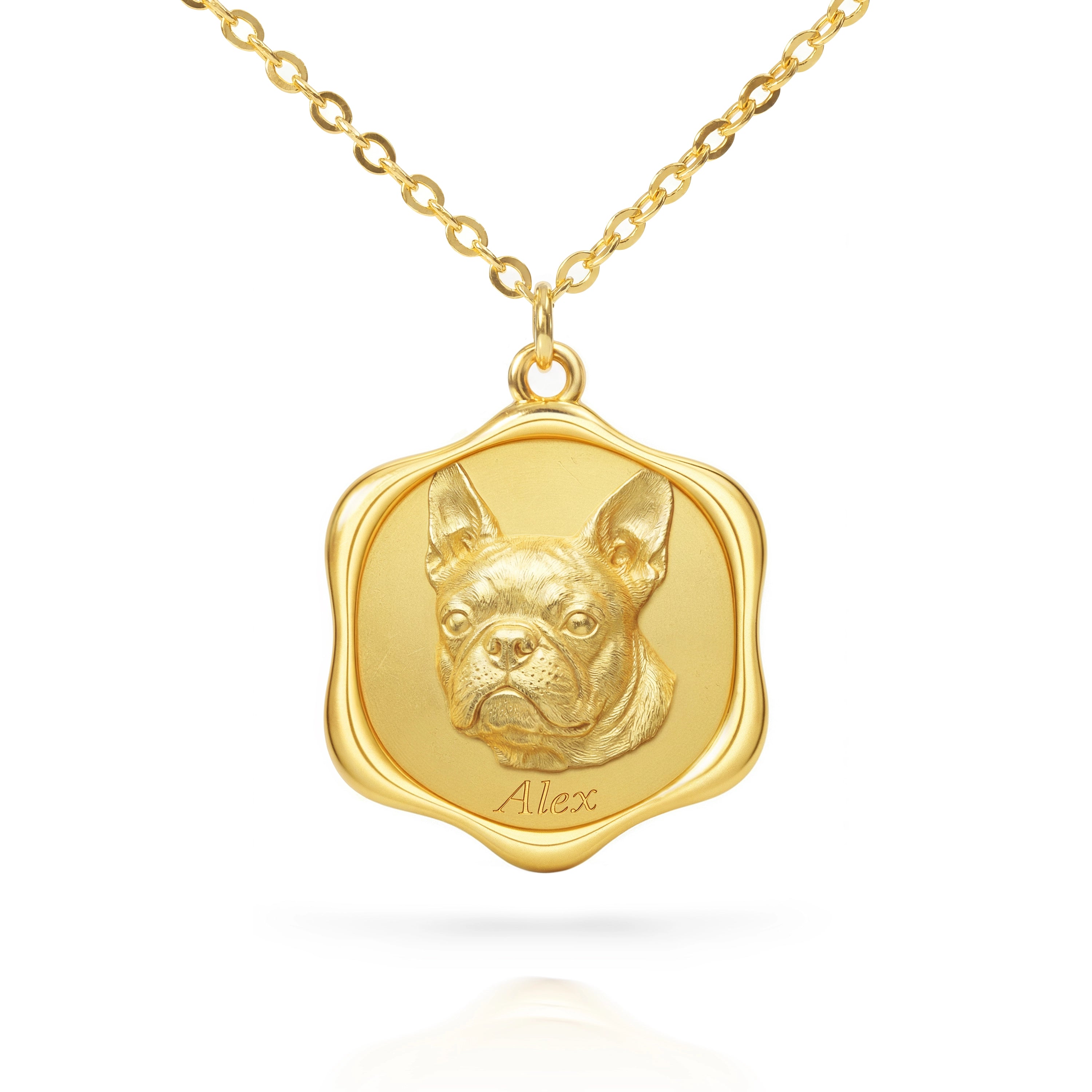 Front gold dog portrait necklace angle
