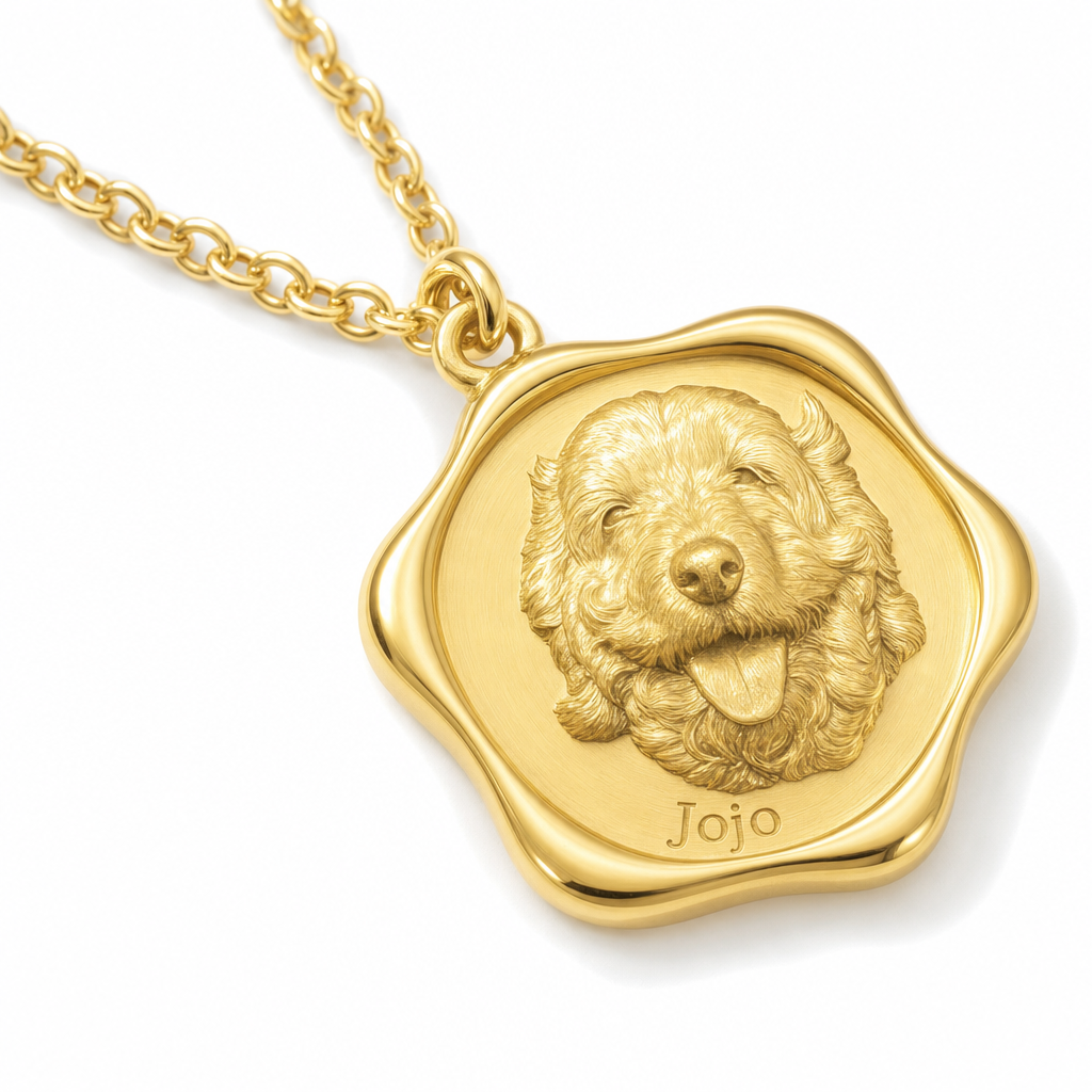 Wide close-up gold dog portrait necklace angle