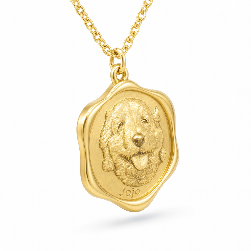Three-quarter gold dog portrait necklace angle