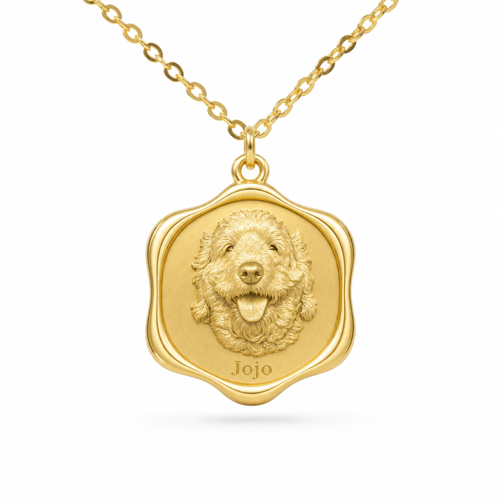 Front gold dog portrait necklace angle
