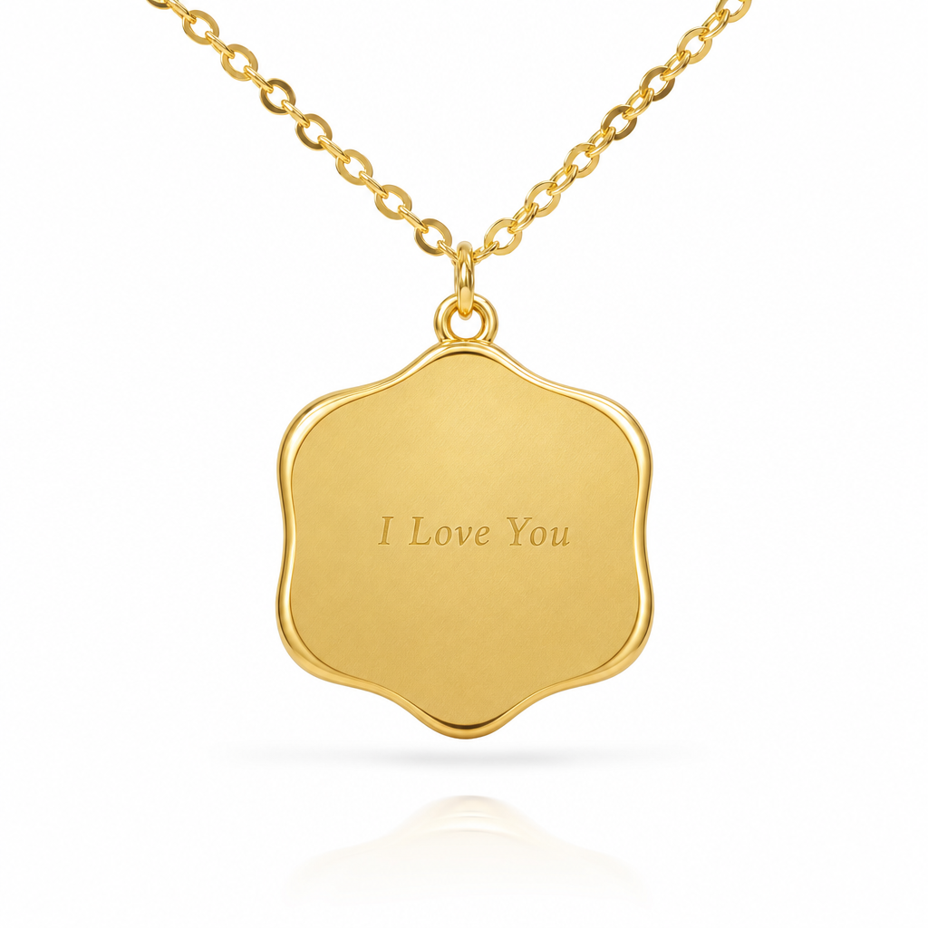 Back engraved gold pendant necklace view